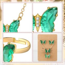 Quelay 4 Sets Butterfly Jewelry Women Butterfly Necklace Earring Ring Bohemian Adjustable Butterfly Pendant Necklace for Women Girl Christmas Wedding Valentine's Day Gift - Image 2