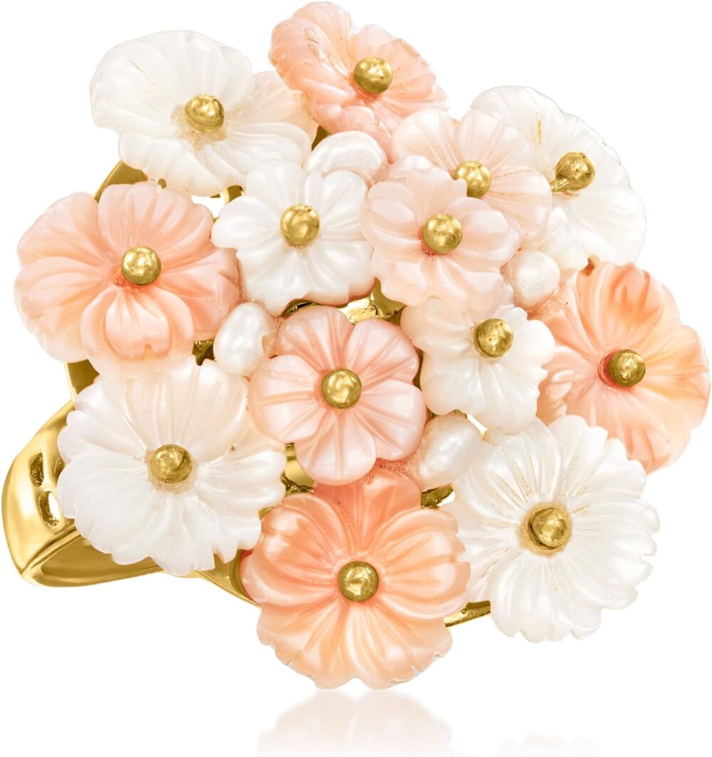 Ross-Simons Italian Pink and White Mother-Of-Pearl Flower Ring With Cultured Semi-Baroque Pearls in 18kt Gold Over Sterling - Image 4