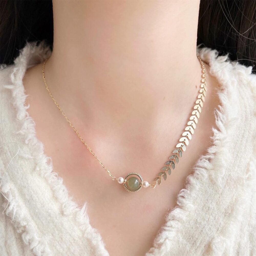 Handmade Hetian Jade Necklace for Women, Crystal Pearl Green Jade Choker Pendant - Gift for Friends, Mother, Lover (925 Sterling Silver with Real Gold Plated) - Image 6