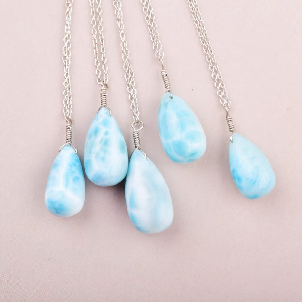 Natural Larimar Necklace Pendant Rhodium Plated 925 Sterling Silver, Teardrop Gemstone Necklace, Artisan Pendant, Silver Jewelry, Silver Wire, Dainty Pendant, Gift Her - Image 8