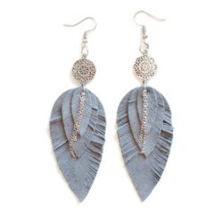 Grey suede Leather Earrings, feather layered earrings, Boho, dangle earrings, bohemian, fringe, long earrings