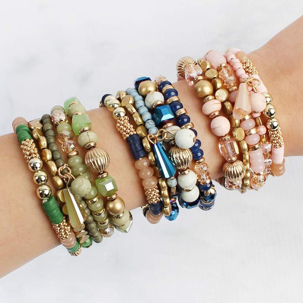 RIAH FASHION Bohemian Mix Bead Multi Layer Versatile Statement Bracelets - Stackable Beaded Strand Stretch Bangles Sparkly Crystal, Tassel Charm - Image 6