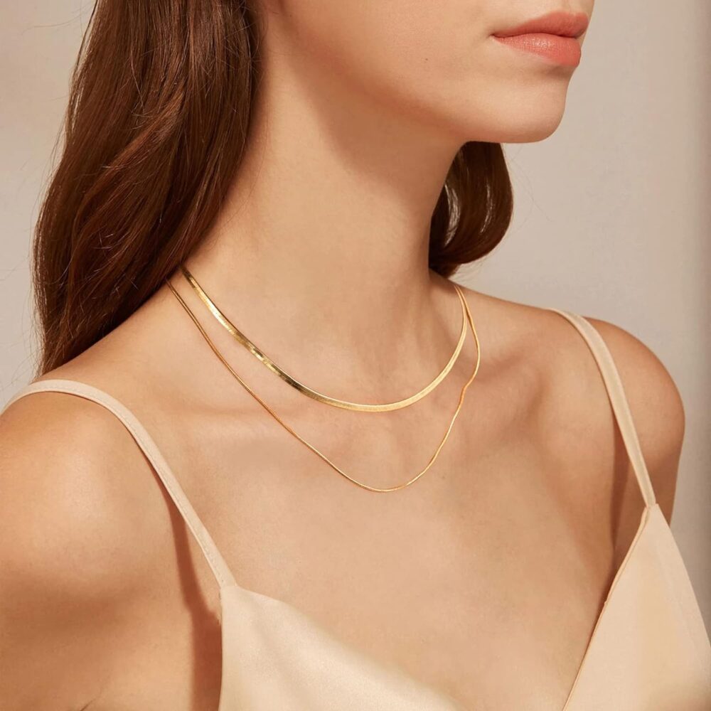 Fiusem Gold Plated Choker Necklace for Women, 14K Gold Plated Herringbone Chain Necklace for Women, Gold Plated Snake Chain Necklace for Women - Image 4