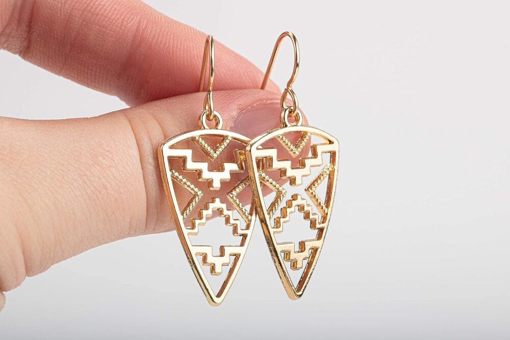 Gold Bohemian Boho Dangle Drop Earrings | (Gold Aztec Tribal) - Image 8