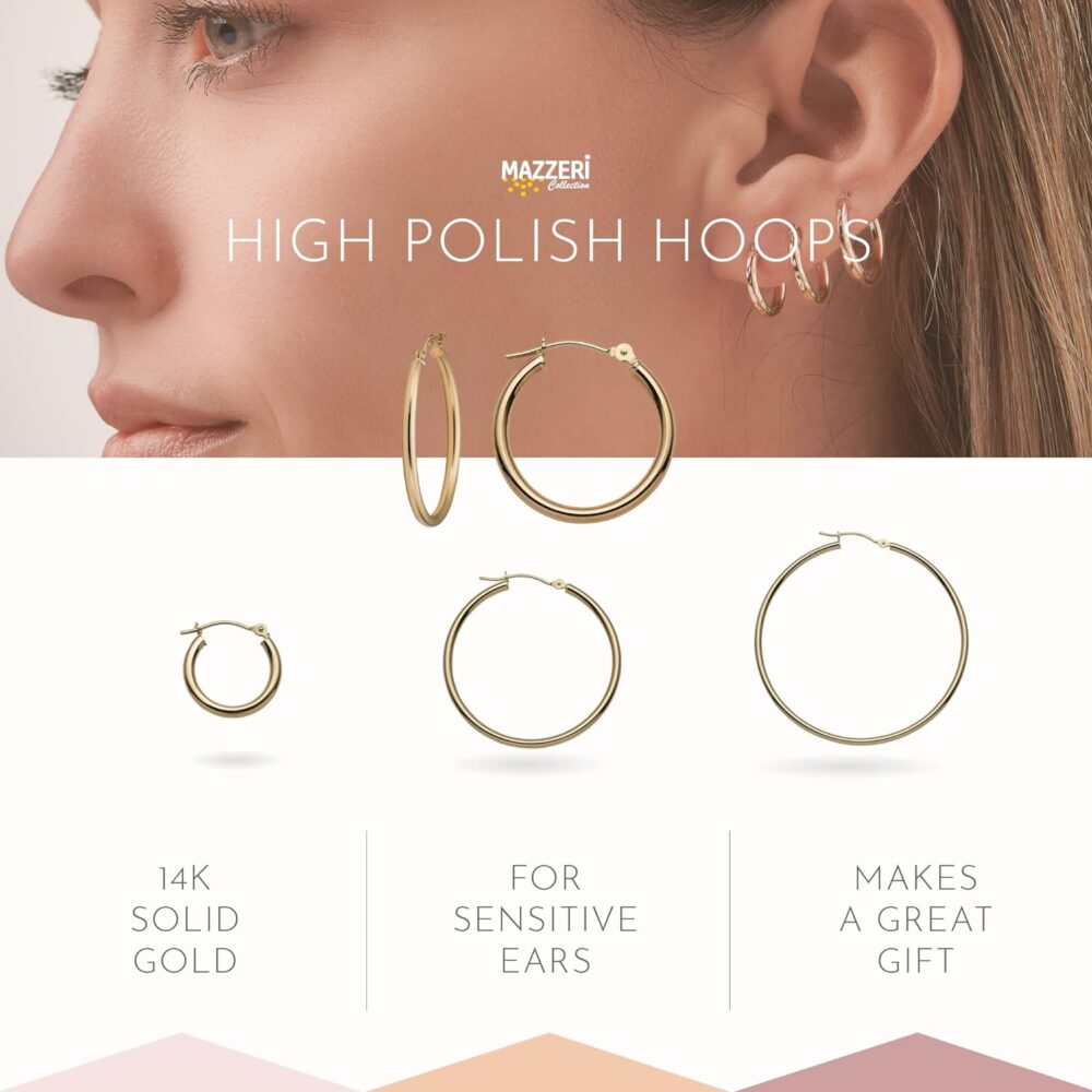 14k Solid Gold Hoop Earrings For Women, 2-mm, Hypoallergenic, Round Click-Top Closure - Yellow Or White Gold Hoop Earrings 14k Real Gold - Image 4