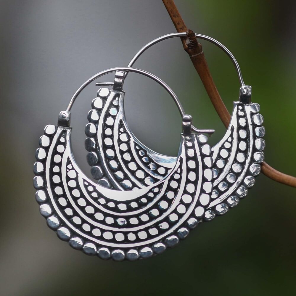 NOVICA Artisan Handmade .925 Sterling Silver Hoop Earrings Artisan Crafted Style Statement Indonesia Bohemian Moon Balinese Traditional 'Moon Sliver' - Image 4