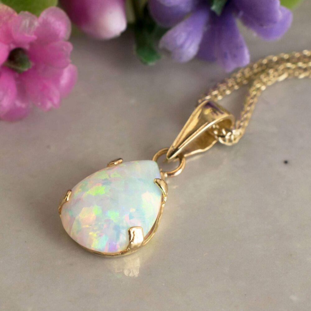 14K Gold White Opal Necklace - Dainty Pear-Shape Teardrop Pendant, 7x10mm 14K Solid Yellow Gold Necklace, October Birthstone Opal Gemstone - Handmade Bridal Wedding Jewelry for Brides and Classy Women - Image 5