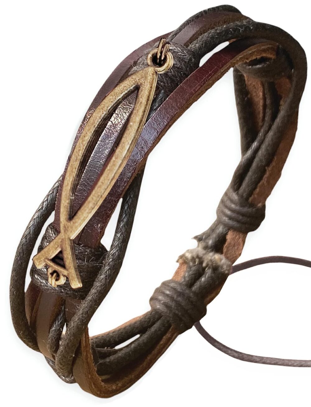 Braided Leather Bracelet for Man or Women Ichthys Fish Symbol Jewelry Handmade Adjustable Unique