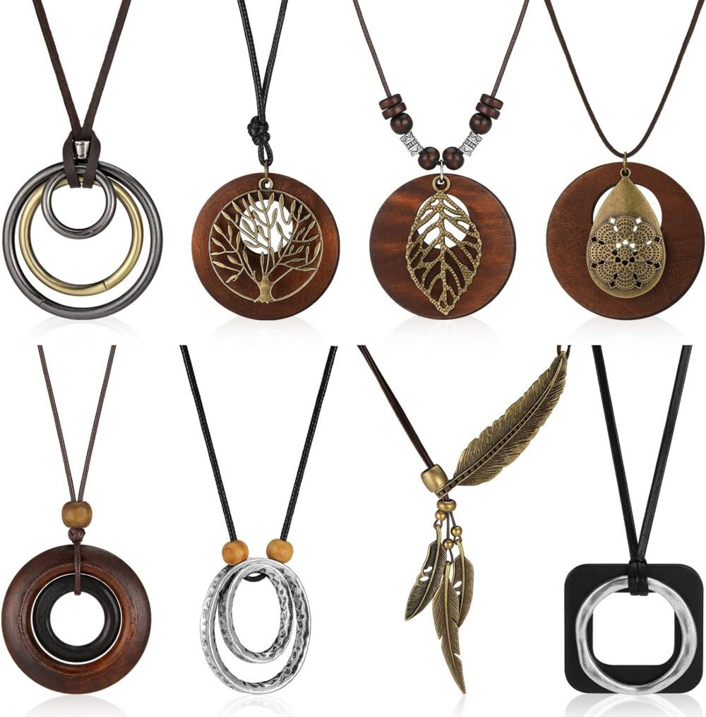 Huquary 8 Pcs Long Wooden Pendant Necklaces for Women Bohemian Sweater Necklace Set Wooden Faux Leather Long Necklaces for Women Men Vintage Necklace Boho Necklace Jewelry