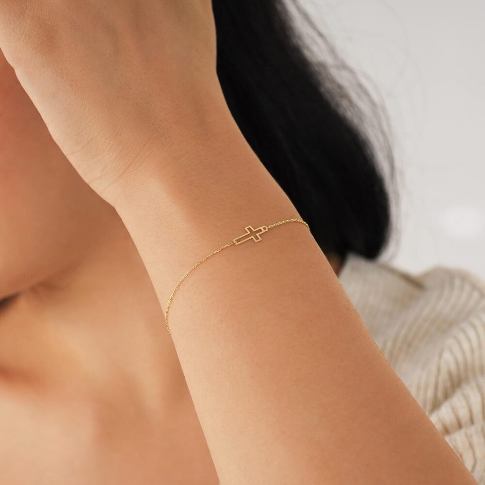 MIONZA Jewelry 14k Solid Gold Cross Bracelet for Women, Teen Girls, Baby | Real Gold Sideways Adjustable Cross Bracelet | Gold Plated Bracelet for Women | Christian Baptism Gift - Image 2