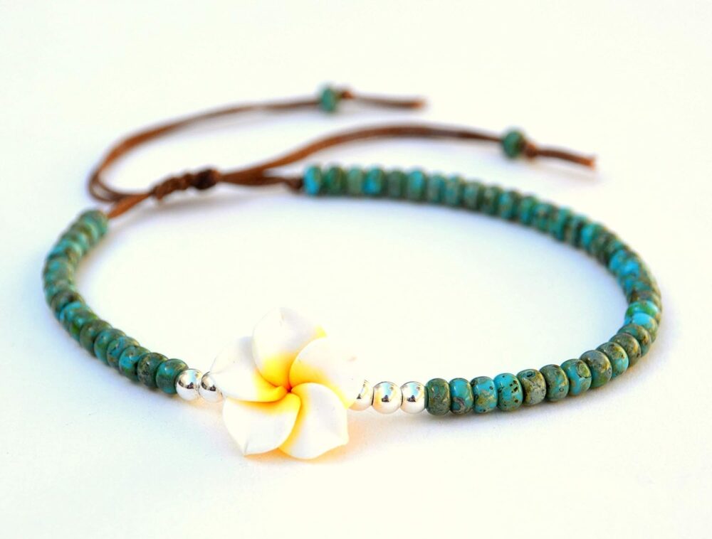 Boho Beaded Anklet for Women and Teen Girls, Unique Bohemian Turquoise and Sterling Silver Beaded Anklet with Hawaii Hawaiian Plumeria Flower, Handmade by Tribes - Image 5