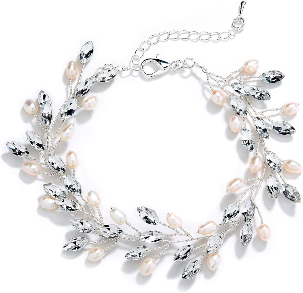 Mariell Bridal and Wedding Silver Bracelet with Crystal Gems and Freshwater Pearls, Fits 7" to 8 ½" Wrist