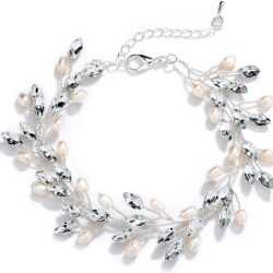 Mariell Bridal and Wedding Silver Bracelet with Crystal Gems and Freshwater Pearls, Fits 7" to 8 ½" Wrist