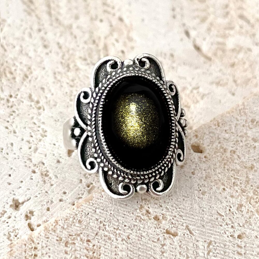 Oval Black Obsidian Crystal Stone Quartz Boho Bohemian Wide Band Ring for Women,Female S925 Sterling Silver Retro Vintage Antique Real Natural Genuine Gemstone Ring for Women (Ring_A, 8) - Image 2