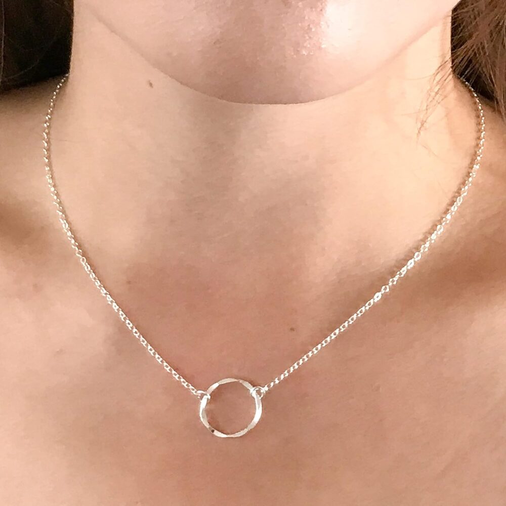 Open Circle Necklace for Women - Sterling Silver Karma Necklace Choker Layer Hammered Circle Minimal Adjustable Length (15-17 inches adjustable) - Image 3