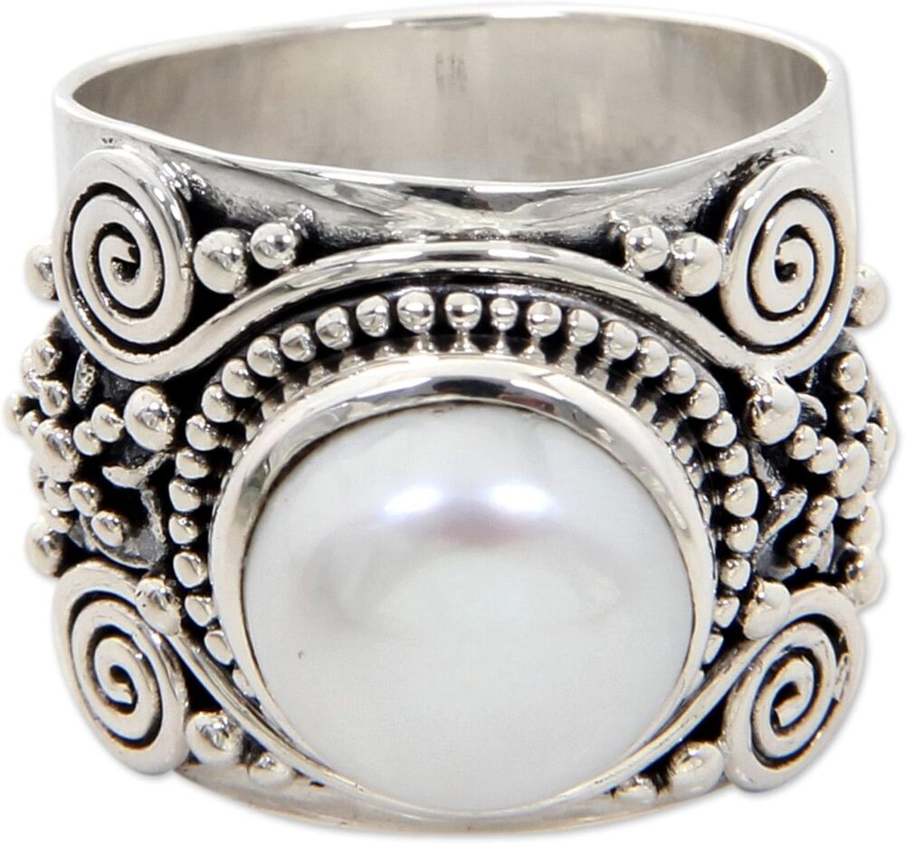 NOVICA Artisan Handmade Cultured Freshwater Pearl Flower Ring .925 Sterling Silver Cocktail White Indonesia Birthstone 'White Frangipani' - Image 2