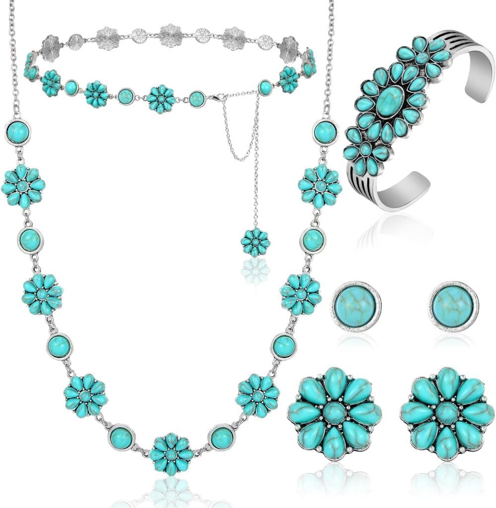 Kigeli 4PCS Bohemian Turquoise Western Jewelry Set Chunky Howlite Flower Turquoise Western Belt Necklace for Women (Fresh Style)