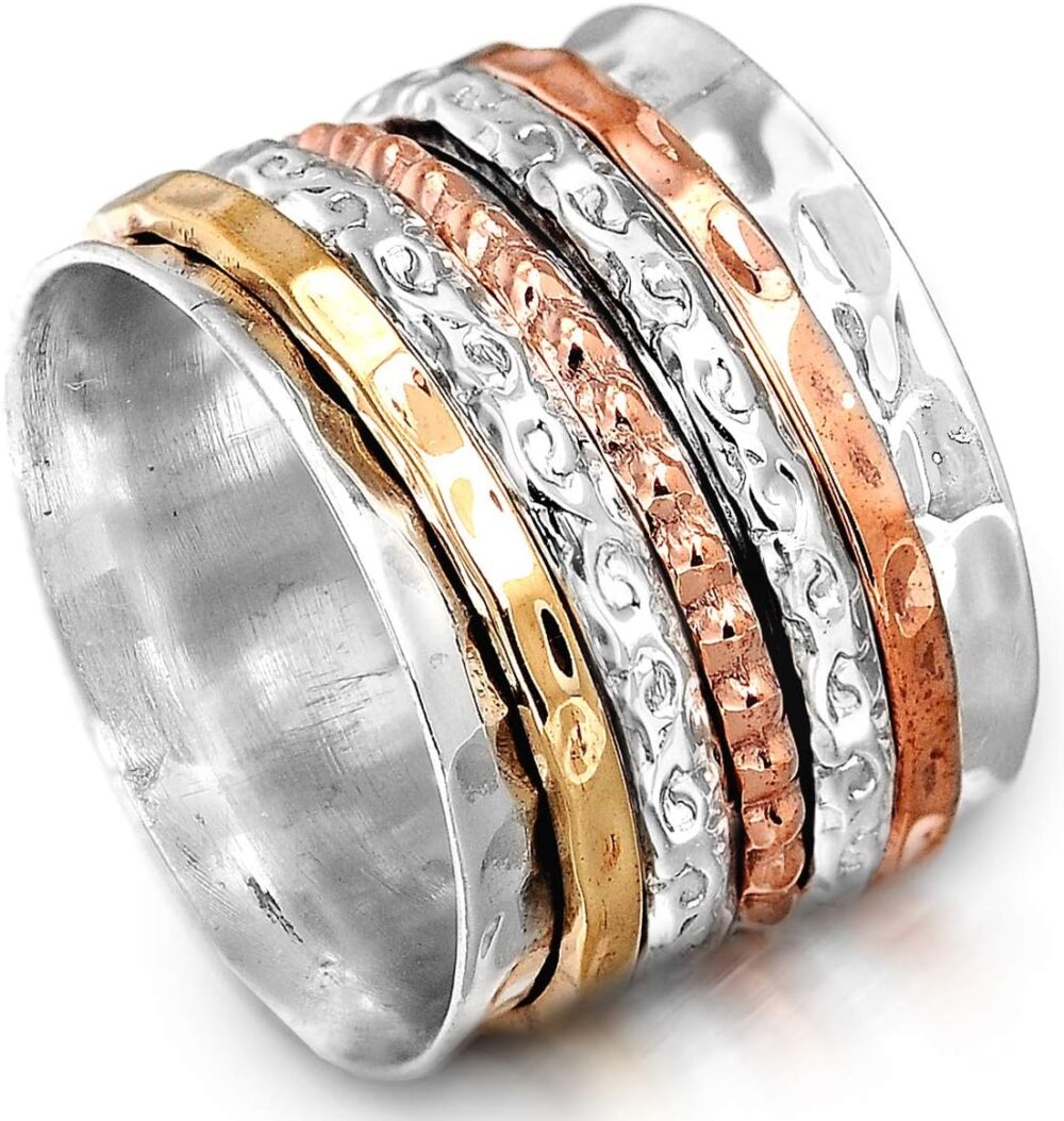 Boho-Magic Spinner Ring for Women 925 Sterling Silver with Copper and Brass Fidget Bands Wide