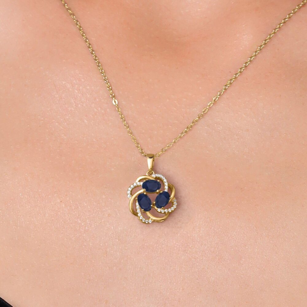 Gem Stone King 18K Yellow Gold Plated Silver Blue Sapphire 3 Stone Pendant Necklace For Women (2.04 Cttw, Gemstone Birthstone, Oval 6X4MM, with 18 Inch Chain) - Image 3