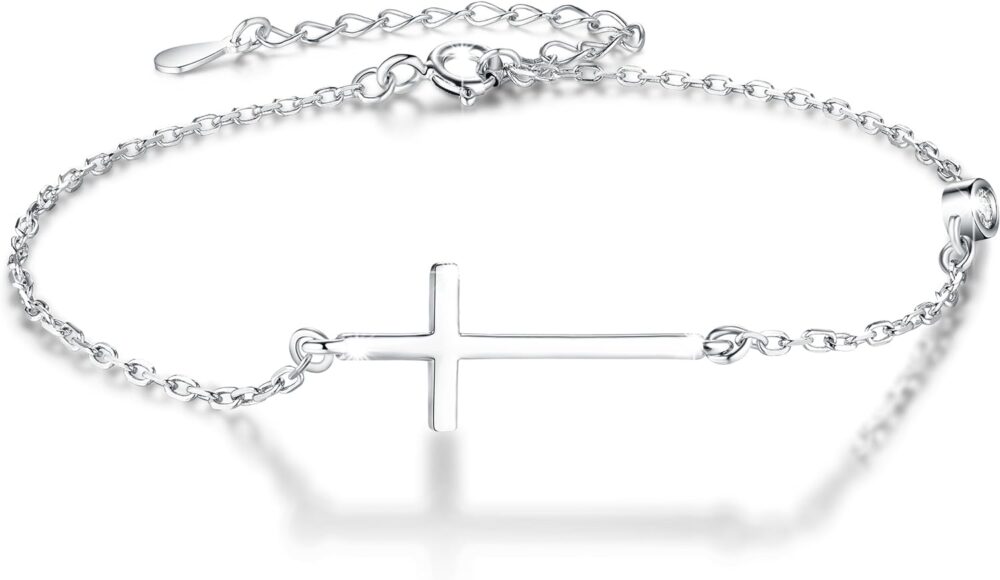 Boniris 925 Sterling Silver Cross Bracelet Womens in Good Faith CZ Chain Bracelet with Cross for Confirmation Anniversary Birthday