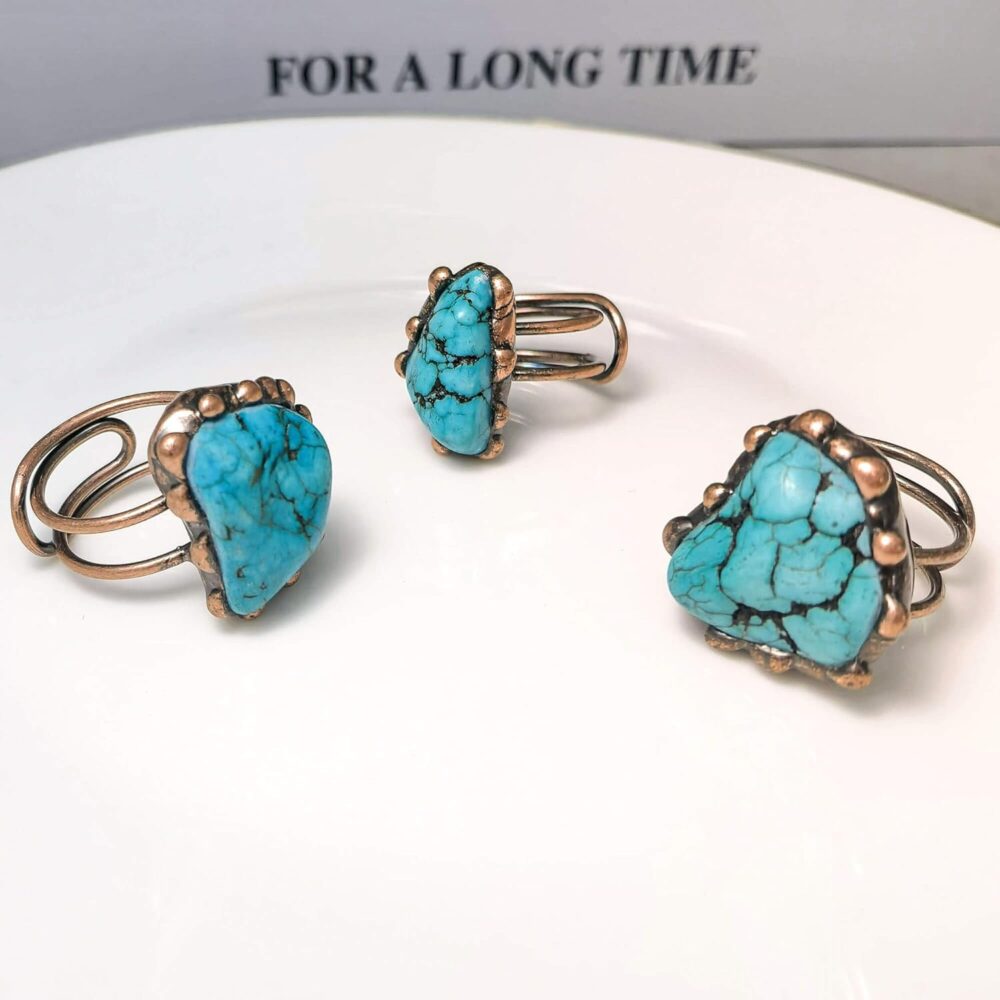 Turquoise Ring, Irregular Simulated Raw Turquoise Western Rings for Women Adjustable, Unisex Bronze Plated Chunky Gemstone Vintage Jewelry for Mens Turquoise Ring (Turquoise-Bronze) - Image 3