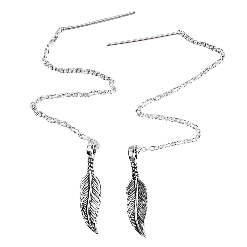 Threader Chain Earrings in 925 Sterling Silver | Thread Through Jewelry for Women and Girls | Multiple Designs Available (Bohemian Feathers) - Image 5