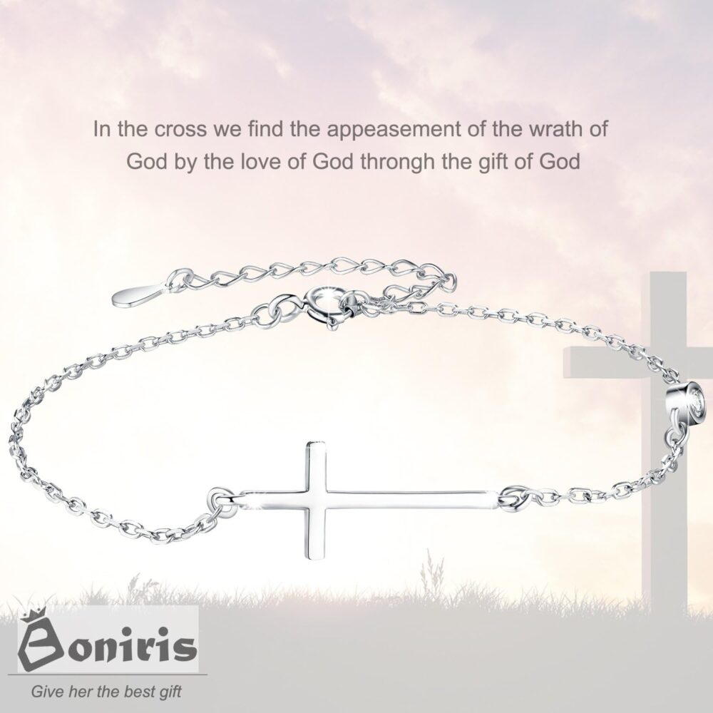 Boniris 925 Sterling Silver Cross Bracelet Womens in Good Faith CZ Chain Bracelet with Cross for Confirmation Anniversary Birthday - Image 3