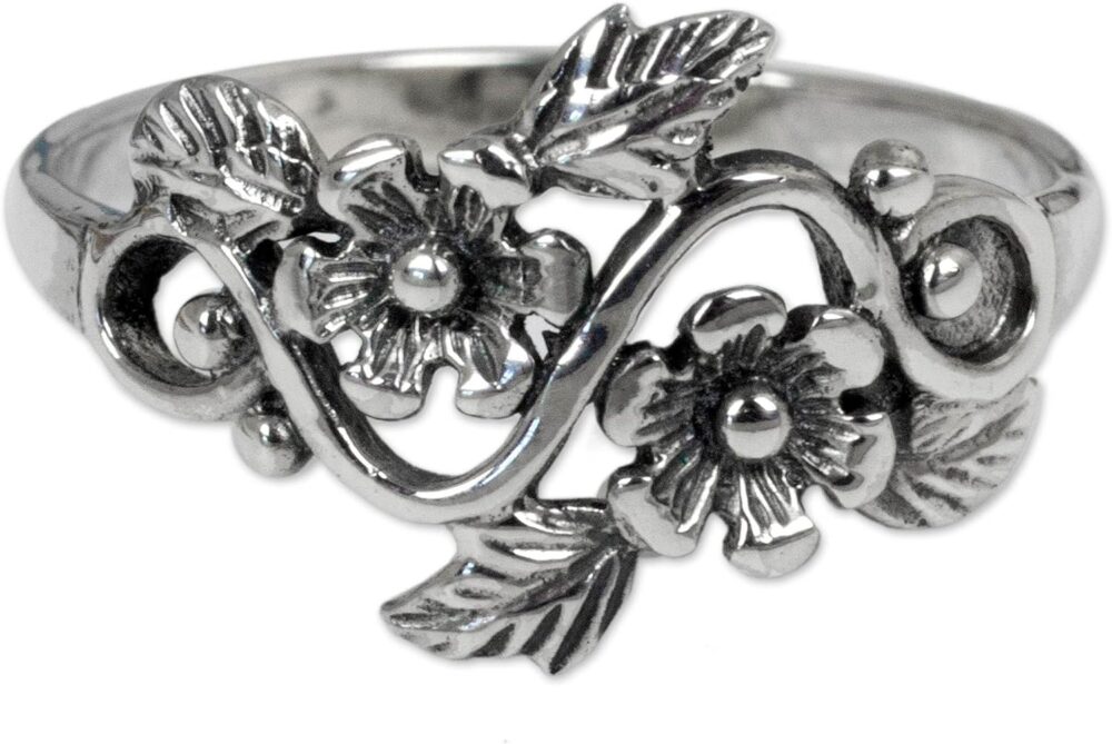 NOVICA Artisan Handmade .925 Sterling Silver Flower Ring Leaf Band from Thailand Floral 'Siam Bouquet'