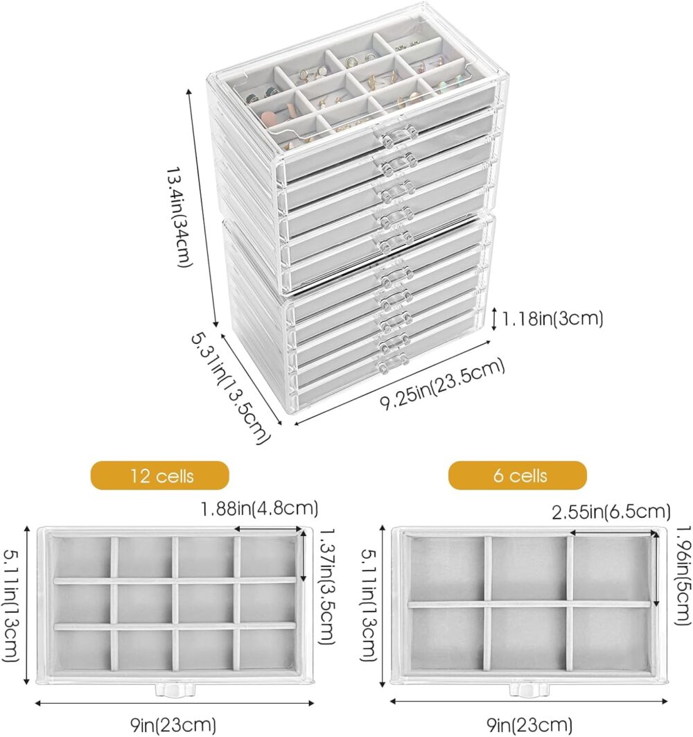 ProCase Earring Holder Organizer Jewelry Box with 10 Drawers, Acrylic Clear Earring Case with Adjustable Velvet Trays for Women - Grey, 10 Layers - Image 4