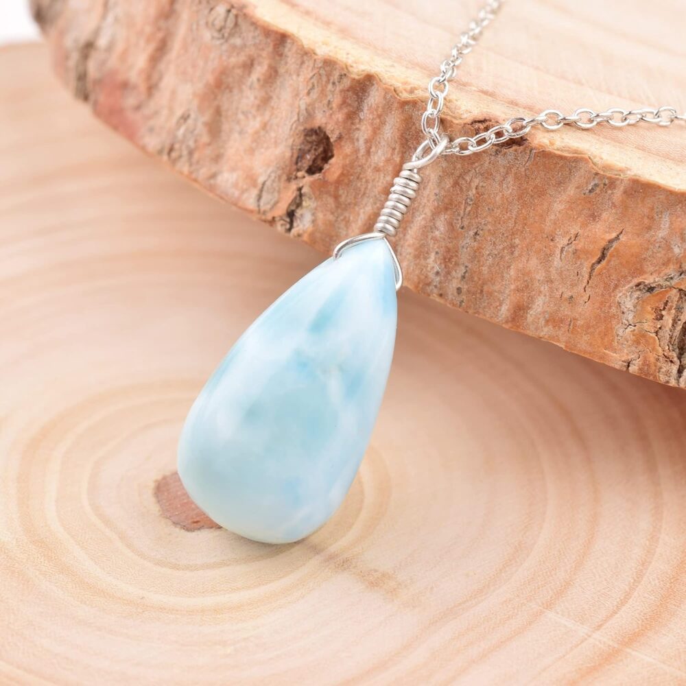 Natural Larimar Necklace Pendant Rhodium Plated 925 Sterling Silver, Teardrop Gemstone Necklace, Artisan Pendant, Silver Jewelry, Silver Wire, Dainty Pendant, Gift Her - Image 5