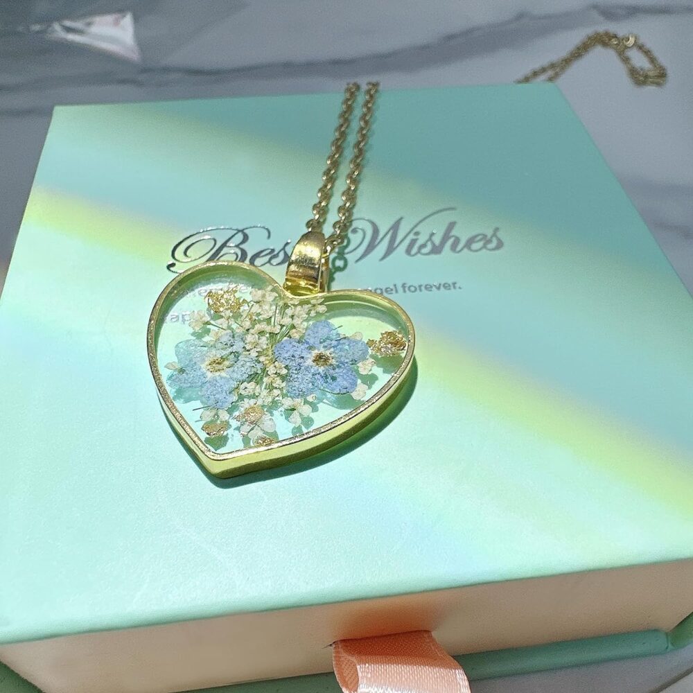 Handmade Pressed Flower Heart Necklace - Forget Me Not & Queen Anne's Lace Wildflower - Symbolizes True Love & Respect - Gold | 18 - Image 6