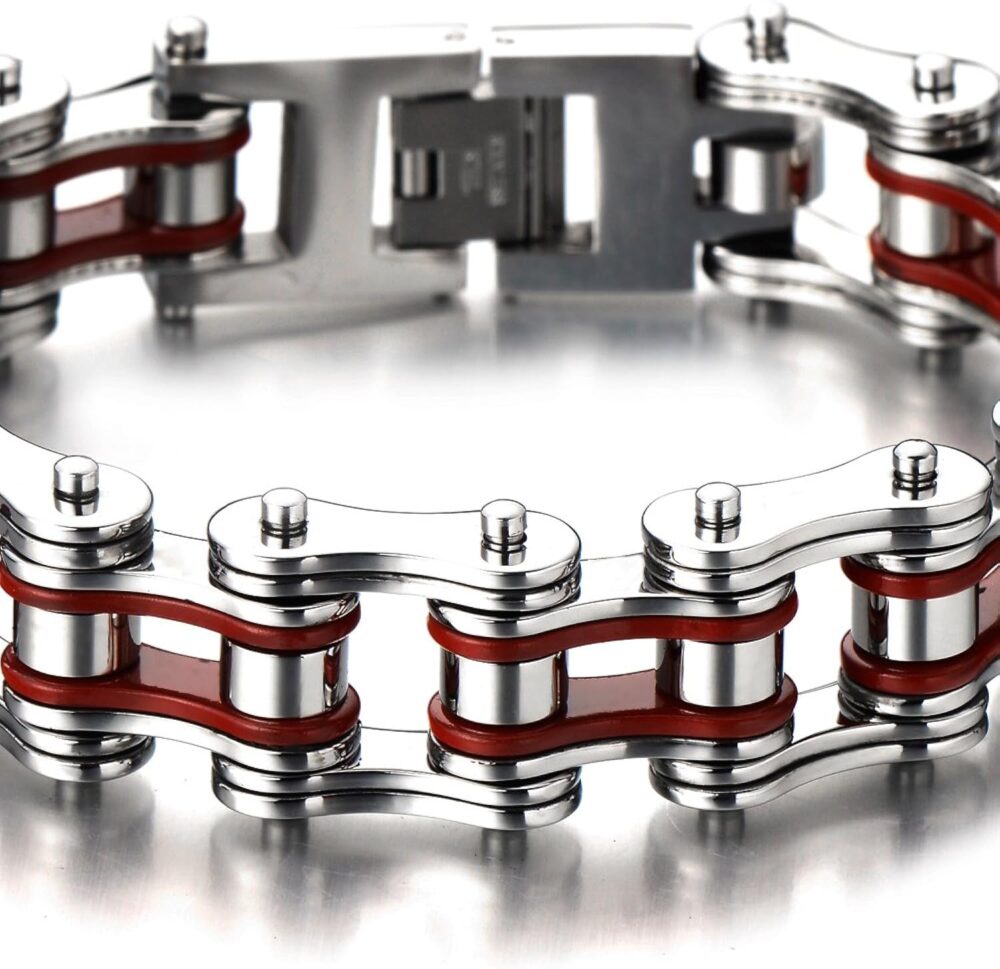 COOLSTEELANDBEYOND Masculine Mens Bike Chain Bracelet of Stainless Steel Silver Red Two-tone High Polished - Image 3