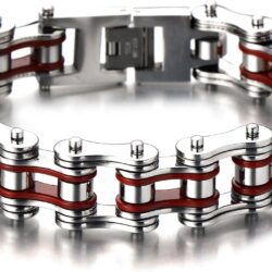 COOLSTEELANDBEYOND Masculine Mens Bike Chain Bracelet of Stainless Steel Silver Red Two-tone High Polished - Image 3