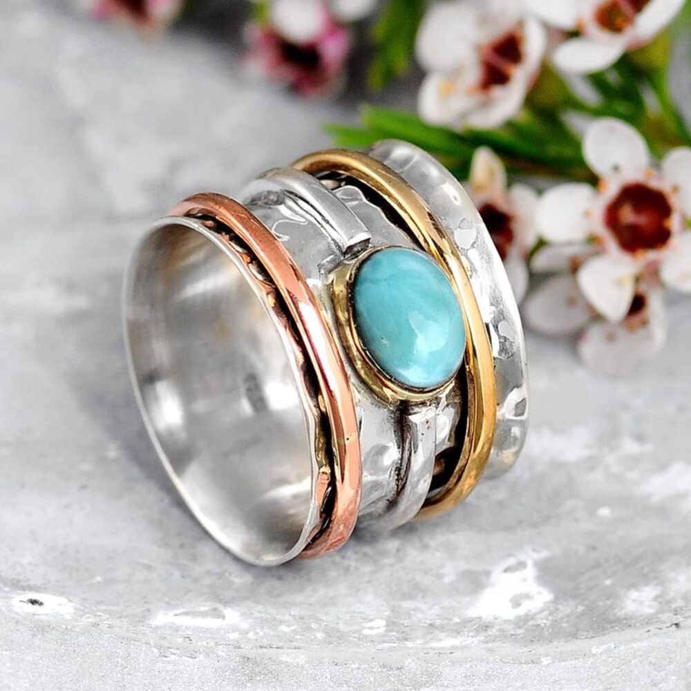 Boho-Magic 925 Sterling Silver Spinner Larimar Ring for Women with Copper and Brass Fidget Rings Bands - Image 5