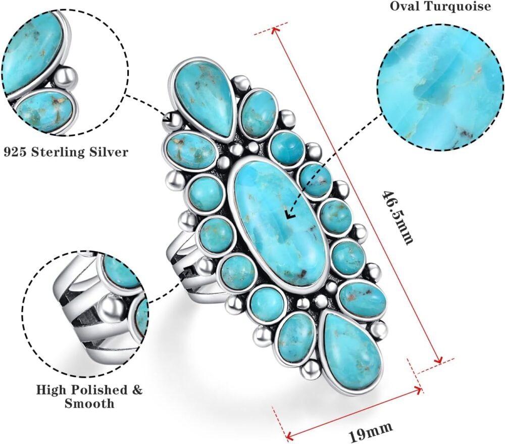 Phyonio 925 Sterling Silver Turquoise/Spiny Turquoise/Teal Turquoise Ring for Women Black Oxidized Silver Statement Rings for Valentine Day Bohemian Flower Ring Size 6-9 - Image 3