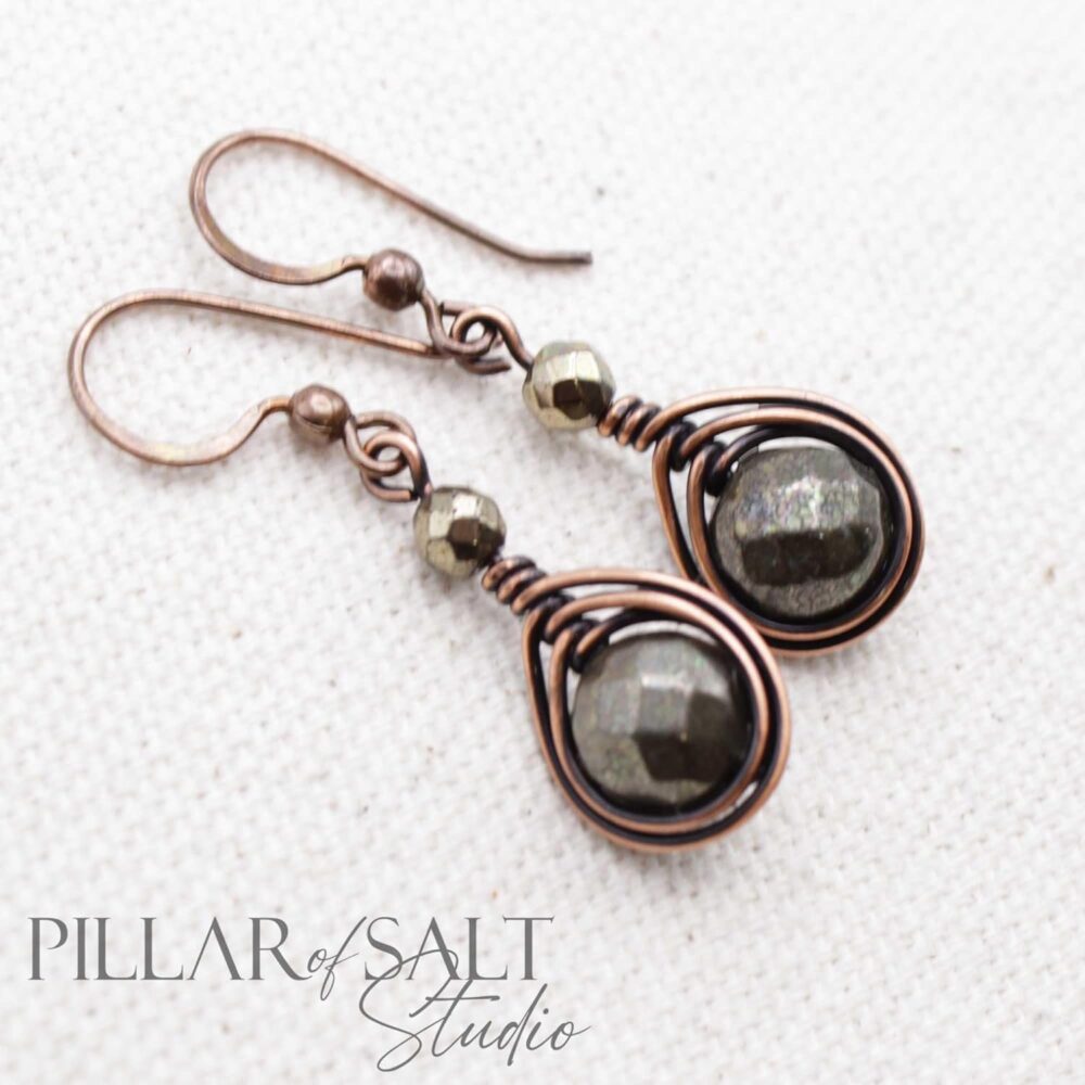 Handcrafted Copper Earrings with Pyrite Gemstone - Antiqued, 1" Drop - Image 7