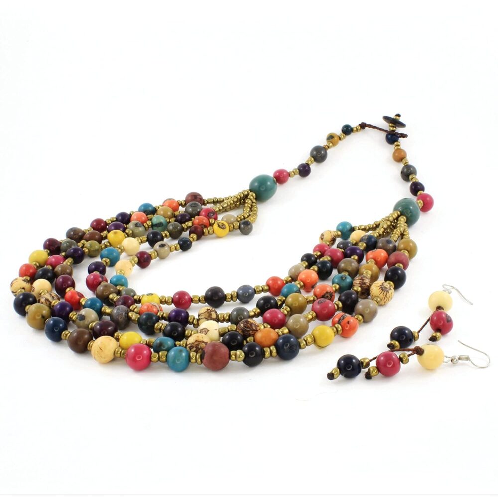 Multi Colored 5 Strand Bib Necklace and Earring Set with Acai Seeds - Handmade Tribal Jewelry for Women