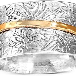 Boho-Magic 925 Sterling Silver Spinner Ring for Women with Brass Fidget Ring Flowers Band