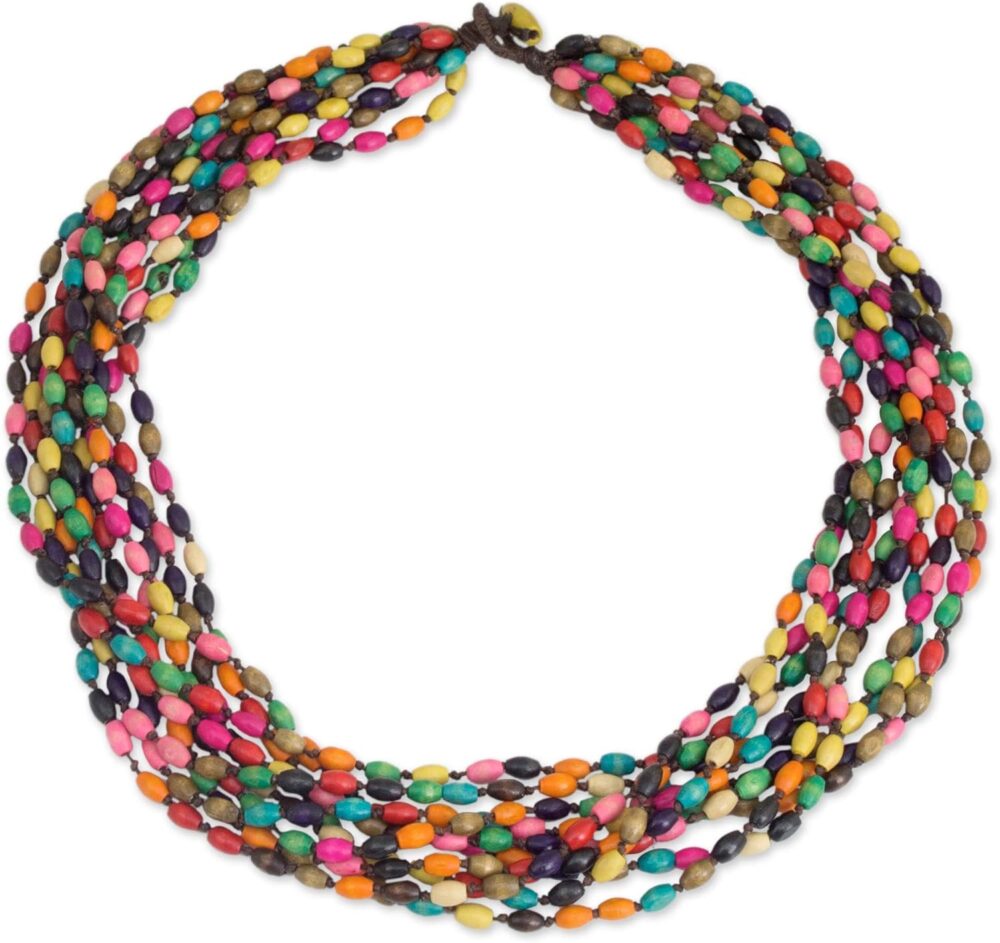 Handknotted Wood Torsade Necklace: Multicolor Beaded Jewelry, Stone Upcycled Thailand