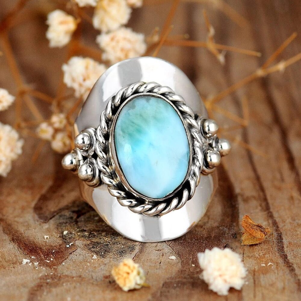 Boho-Magic Sterling Silver Larimar Ring for Women Oval Gemstone Boho jewelry - Image 2