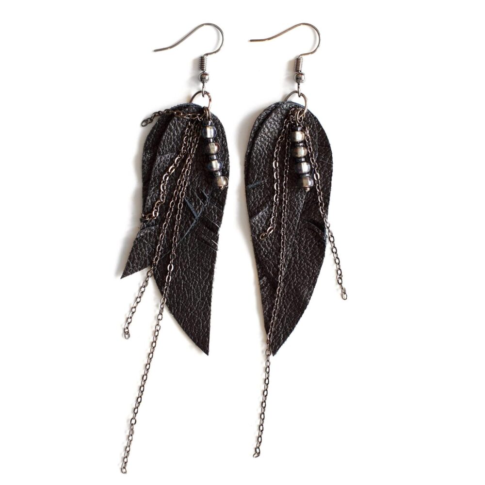 Black Leather Earrings with chains, Feather layered earrings, tribal Earrings, Boho earrings, dangle earrings, long earrings