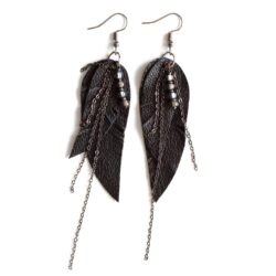 Black Leather Earrings with chains, Feather layered earrings, tribal Earrings, Boho earrings, dangle earrings, long earrings