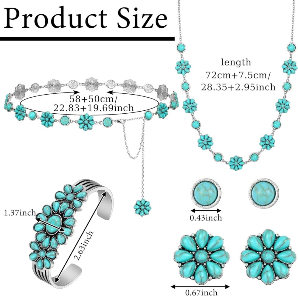 Kigeli 4PCS Bohemian Turquoise Western Jewelry Set Chunky Howlite Flower Turquoise Western Belt Necklace for Women (Fresh Style) - Image 2