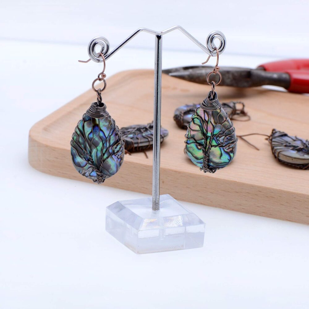 Handmade Teardrop Abalone Shell Dangle Earrings for Women, Wire Craft Tree of Life Earrings - Image 4