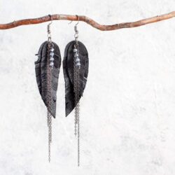 Black Leather Earrings with chains, Feather layered earrings, tribal Earrings, Boho earrings, dangle earrings, long earrings - Image 5