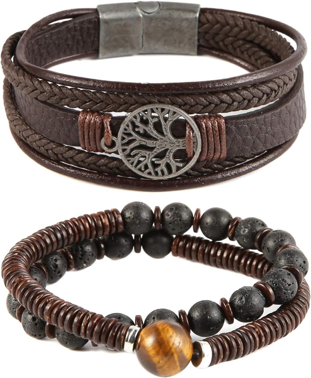 HZMAN Genuine Leather Tree of life Bracelets Men Women, Tiger Eye Natural Stone Lava Rock Beads Ethnic Tribal Elastic Bracelets Wristbands - Image 3