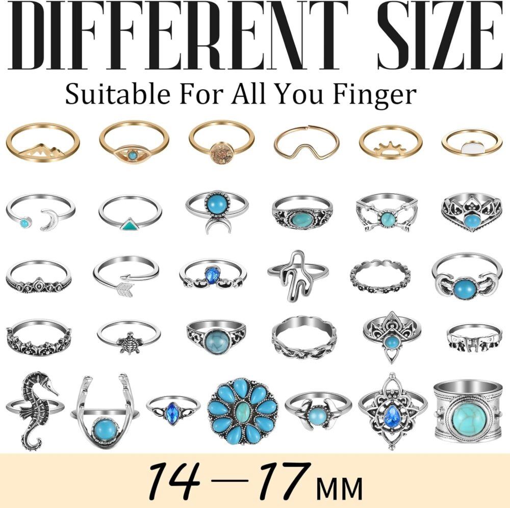 78 Pcs Vintage Turquoise Rings Set Women Western Bohemian Silver Oval Gemstone Boho Joint Knuckle Midi Stacking for and Girls - Image 2