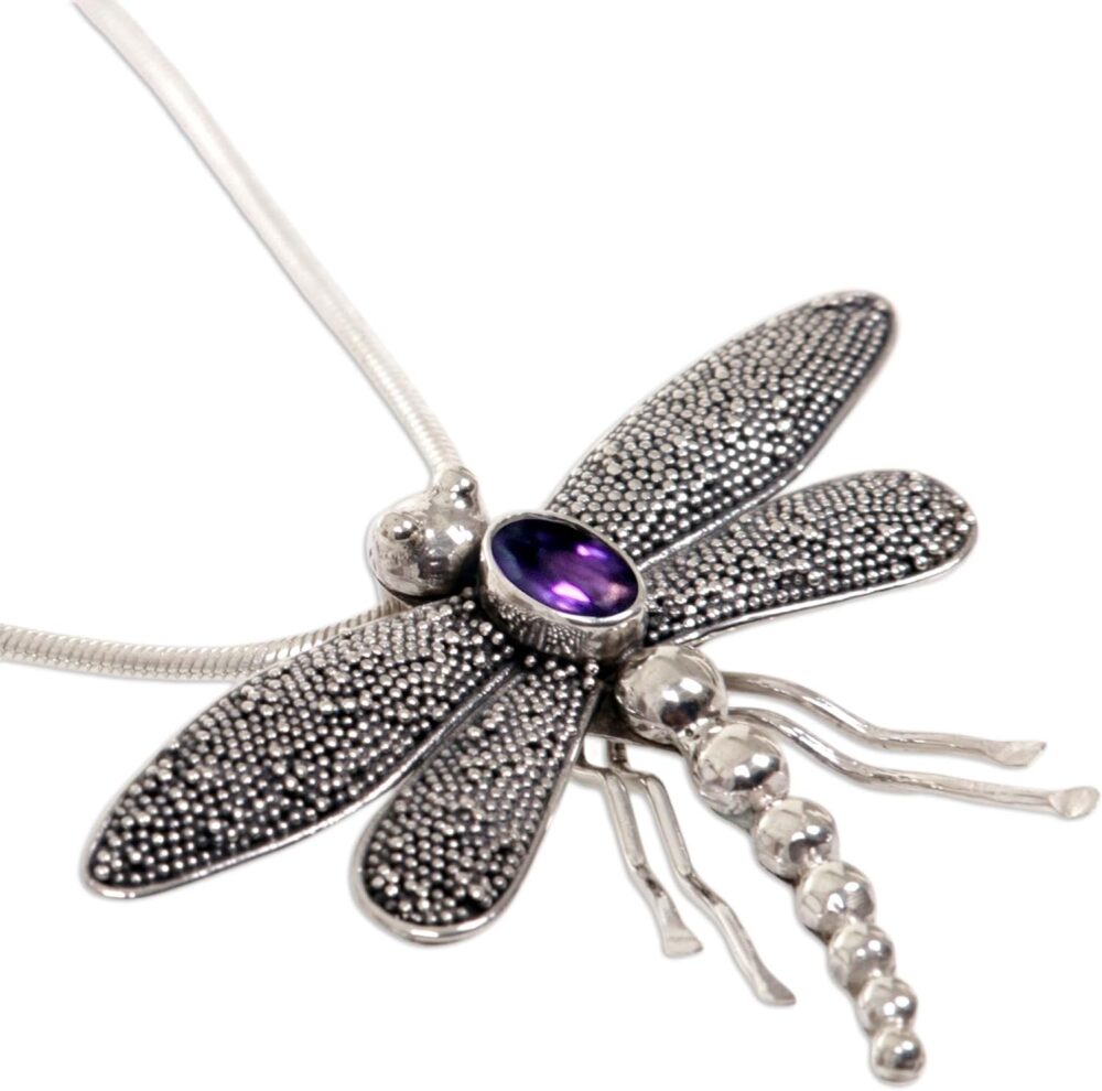 Artisan Handmade Amethyst Pendant Necklace Sterling Silver Purple Animal Themed Birthstone Balinese Dragonfly - Image 3