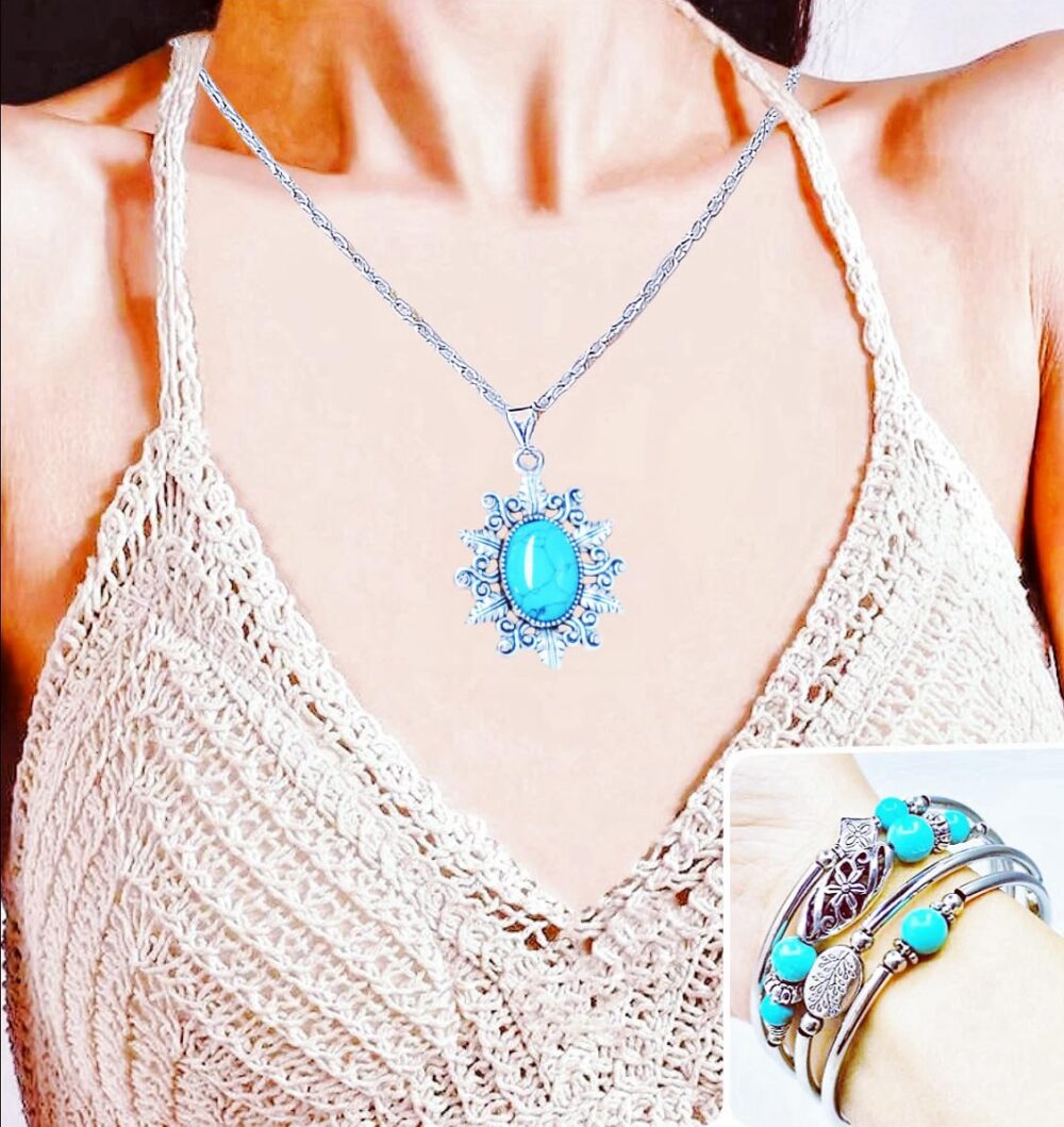 2Pcs Boho Multilayer Turquoise Beads Bracelet for Women, handmade Layered Wrap Bangle and Necklace Jewelry Set with Natural Crystal Stone, Stress Relieve Healing bracelets, Gifts For Women - Image 4