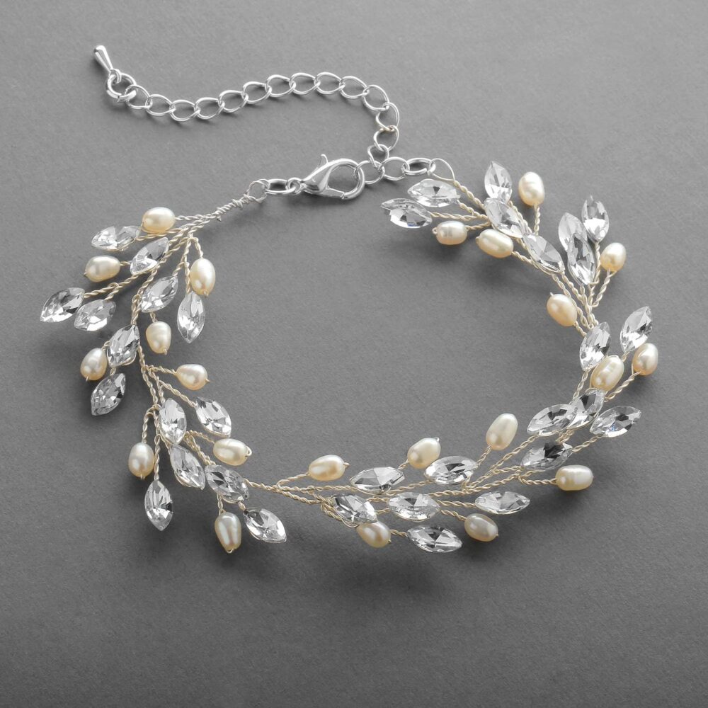 Mariell Bridal and Wedding Silver Bracelet with Crystal Gems and Freshwater Pearls, Fits 7" to 8 ½" Wrist - Image 6